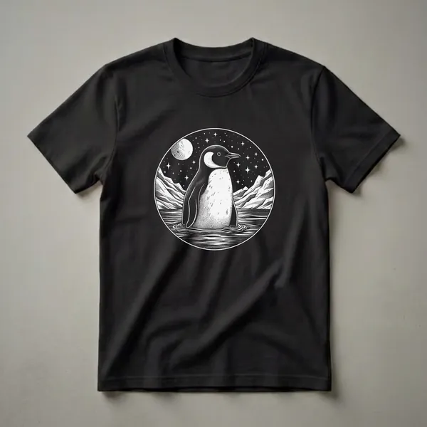 Black and white graphic t-shirt featuring a woodcut-style illustration of an Emperor penguin in water under a starry night sky with a moon and mountains.