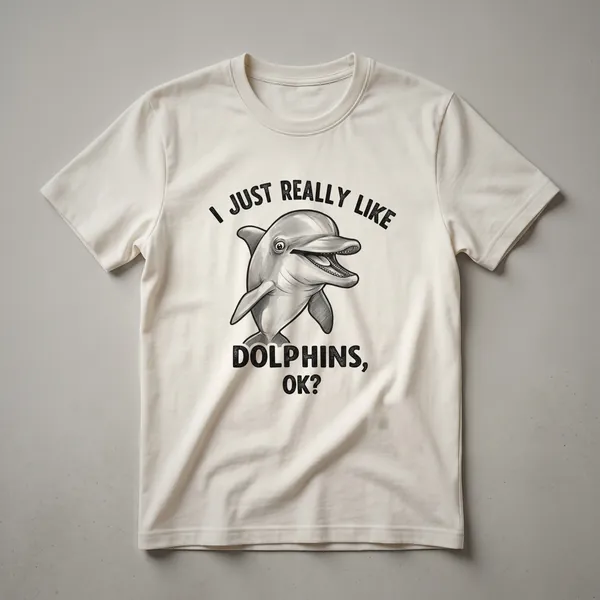 White graphic t-shirt with a cartoon dolphin leaping from blue waves and the text 'I Just Really Like Dolphins, Ok?' printed on the front.