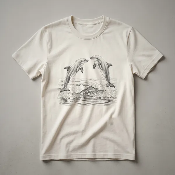 A graphic t-shirt featuring two dolphins leaping from stylized blue waves against a dark background, representing ocean wildlife art.