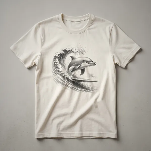 A white graphic t-shirt with a design of a dolphin jumping over a wave with a sunset in the background.