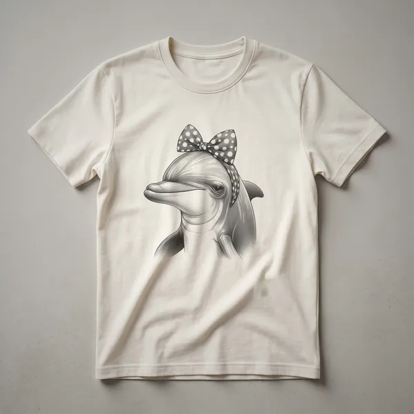 Black graphic t-shirt with a watercolor-style dolphin silhouette in shades of blue and purple, set against a dark background.