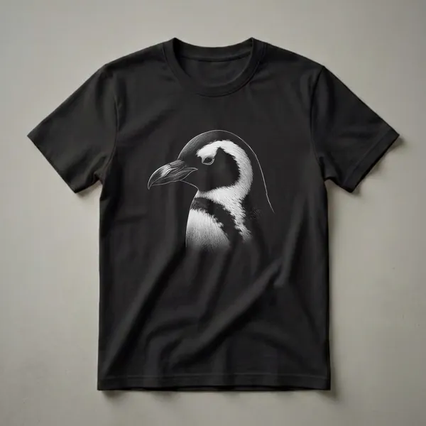 Black t-shirt with a white line art illustration of a penguin's head, showing its beak, eye, and distinctive black and white markings.