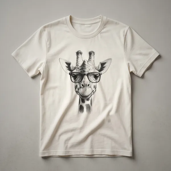 White graphic t-shirt featuring a giraffe wearing black sunglasses, with the text 'Giraffe Sunglasses Design' below.