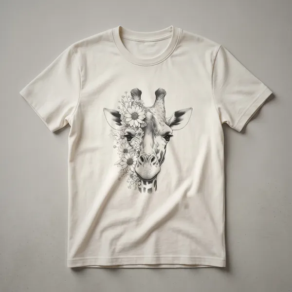 White t-shirt with a watercolor illustration of a giraffe's head surrounded by colorful flowers, featuring a soft artistic style.