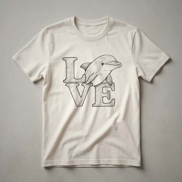 A black t-shirt with a graphic design of a dolphin silhouette with its tail forming a heart shape, intended for children.
