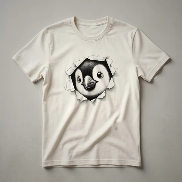 White t-shirt with a cartoon penguin peeking from the bottom edge of the design, featuring black and white plumage and a cute expression.