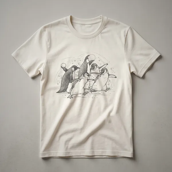 White graphic t-shirt featuring a cartoon illustration of three penguins throwing snowballs at each other, with snowflakes falling around them, for Christmas.