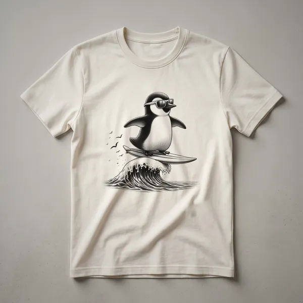 White graphic t-shirt featuring a cartoon penguin riding a surfboard with a distressed, vintage design, suitable for men and kids.