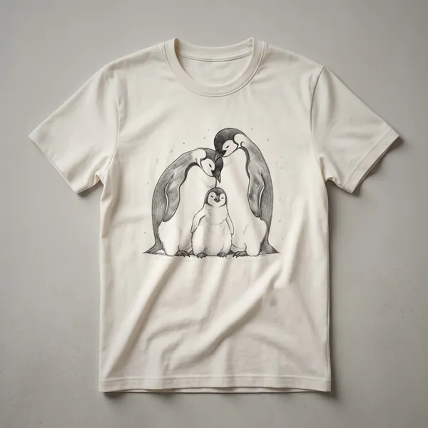 Black t-shirt with a graphic design of a mother penguin and two chicks in white and grey.