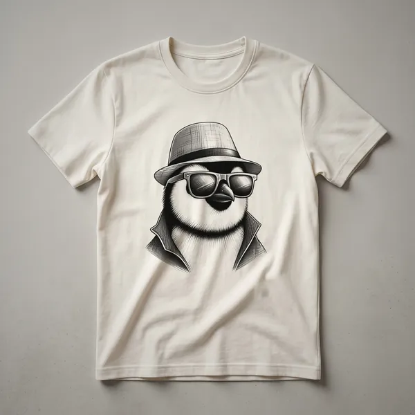 White graphic t-shirt featuring a cartoon penguin wearing black sunglasses, with a simple design.