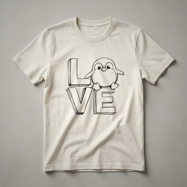 White graphic t-shirt featuring a cute cartoon penguin holding a red heart, with the text 'Cute Penguin Love Design Art For Kids And Children' subtly incorporated.