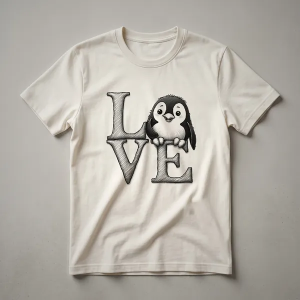 A black graphic t-shirt with a white and black penguin illustration that has a red heart on its chest.
