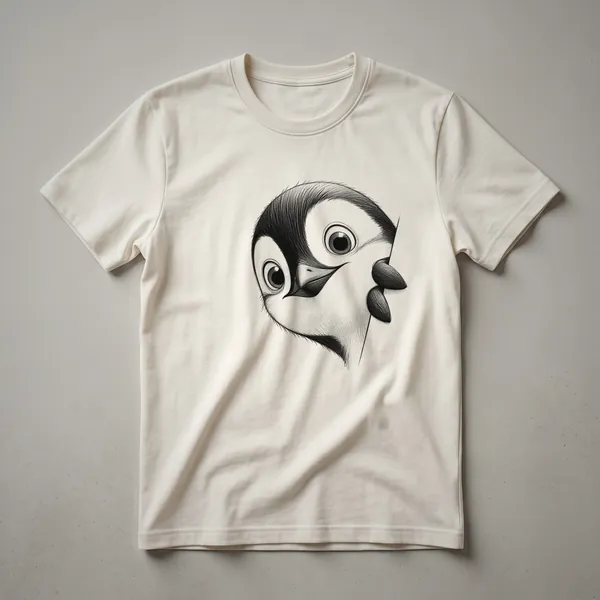 White t-shirt with a cartoon penguin peeking over a blue wavy line and the word 'Peeking' in playful font.