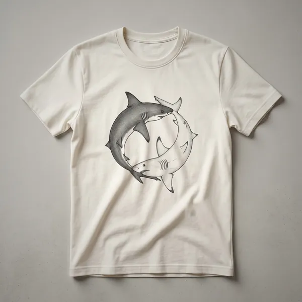 Black graphic t-shirt with a white yin-yang symbol filled with shark silhouettes.