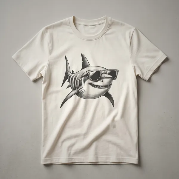 A black graphic t-shirt featuring a white shark wearing dark sunglasses, with a cool and playful design.