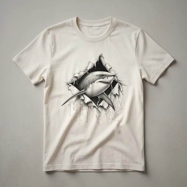 Black t-shirt with a minimalist graphic of a shark's head peeking up from the bottom hem.