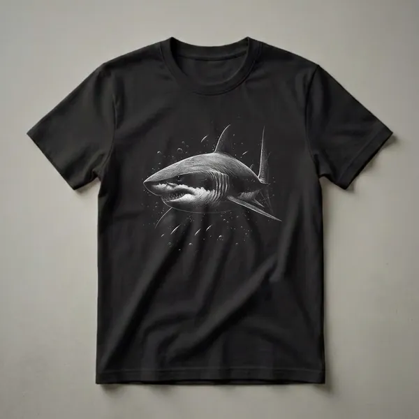Black and white graphic t-shirt featuring a detailed illustration of a Great White Shark swimming underwater with bubbles and small fish.