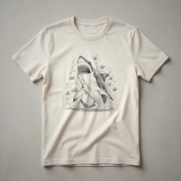 Black and white drawing of a shark jumping out of stylized waves, printed on a t-shirt.