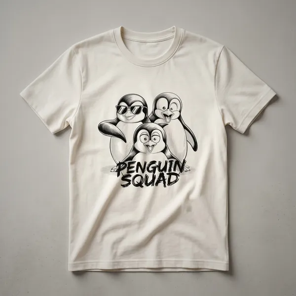 White graphic t-shirt featuring a line of cartoon penguins with the text 'Penguin Squad' above them.