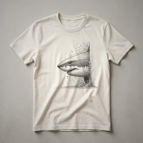 A vintage-style drawing of a shark's head peeking from the bottom of a black t-shirt, with subtle distressed texture.