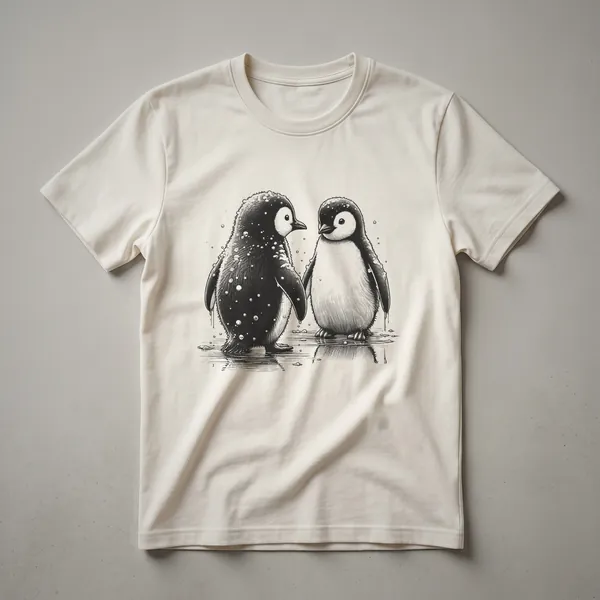 White t-shirt with a Christmas graphic design featuring two penguins in a snowy scene with subtle holiday elements.