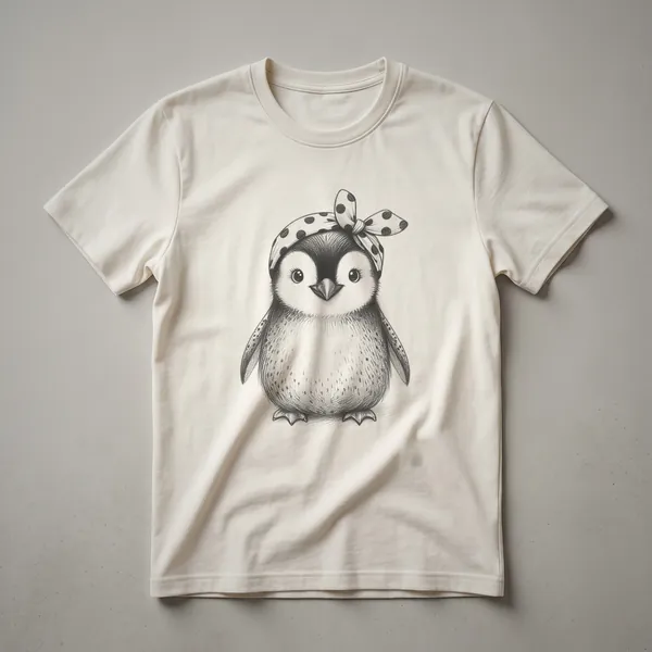 A white graphic t-shirt with a watercolor illustration of a penguin in shades of grey and black, with a hint of blue.