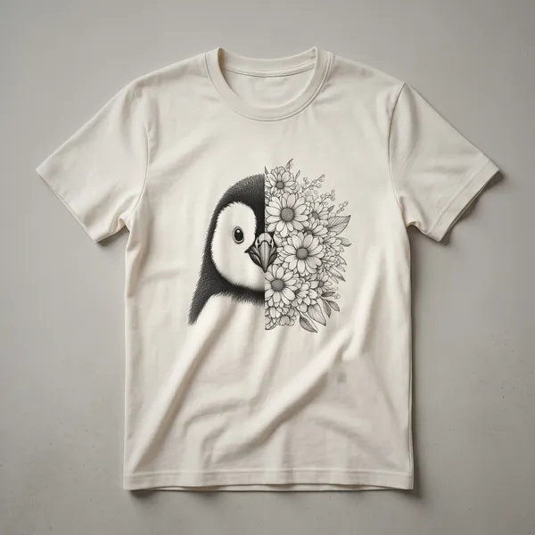 White graphic t-shirt with a stylized penguin illustration surrounded by colorful flowers, designed for women and girls.