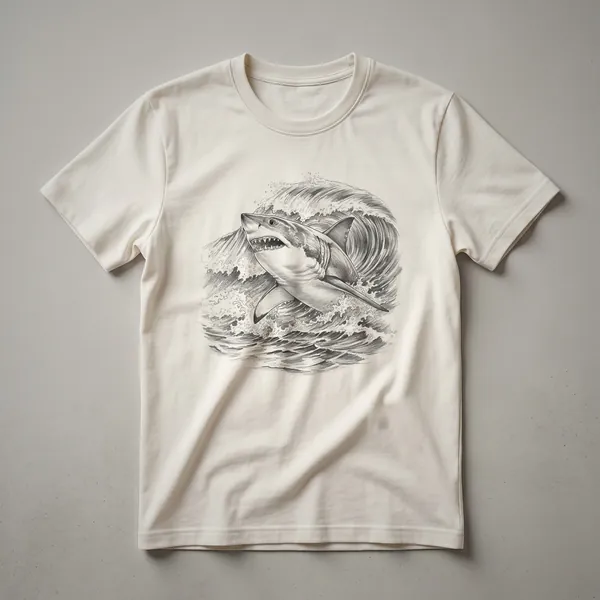Black graphic t-shirt featuring a white silhouette of a great white shark emerging from a blue wave.
