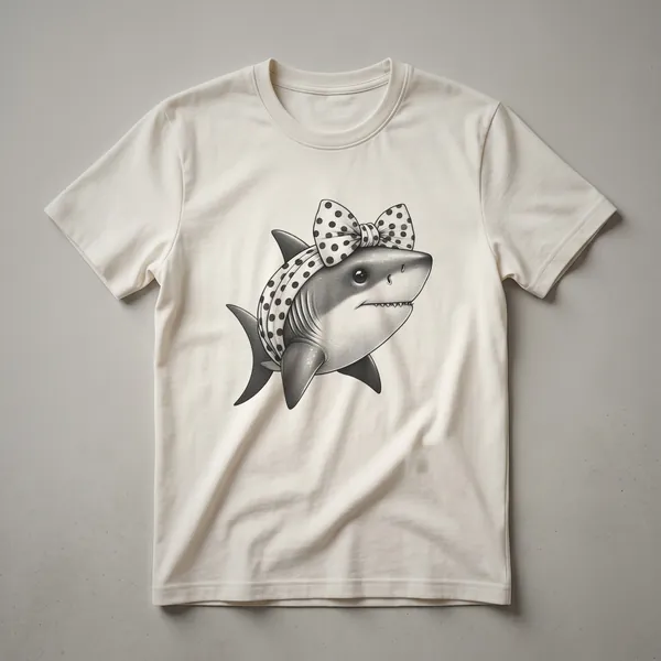 A white graphic t-shirt featuring a minimalist black outline of a shark in profile, suitable for girls and women.