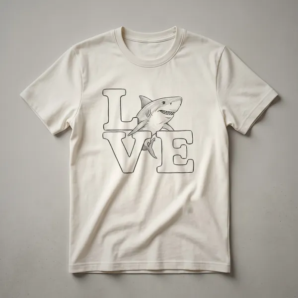 White t-shirt with a pencil-sketch style shark bursting through bold block letters spelling LOVE, with shading and fin details.