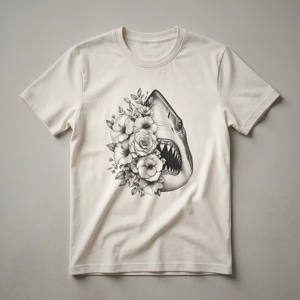White graphic t-shirt featuring a shark silhouette filled with a colorful floral pattern, designed for women.
