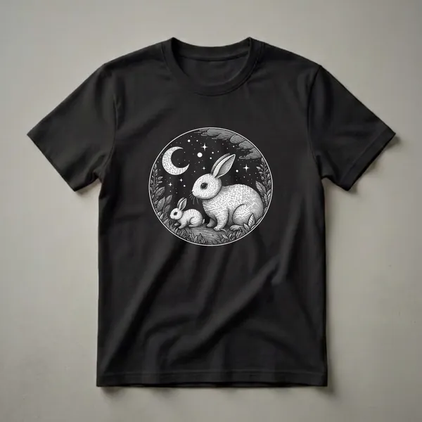 Black graphic t-shirt featuring a white illustration of a mother rabbit and her kit in a field under a crescent moon and starry night sky, surrounded by grass and foliage.