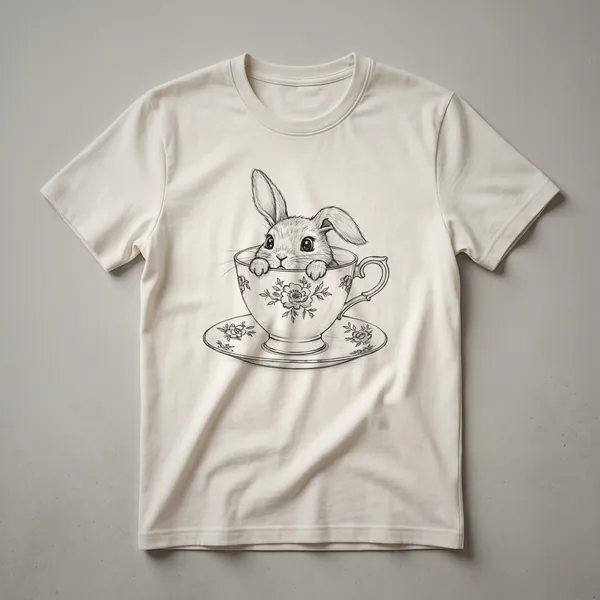 White t-shirt with a graphic design of a brown and white cartoon rabbit peeking over the edge of a blue teacup.