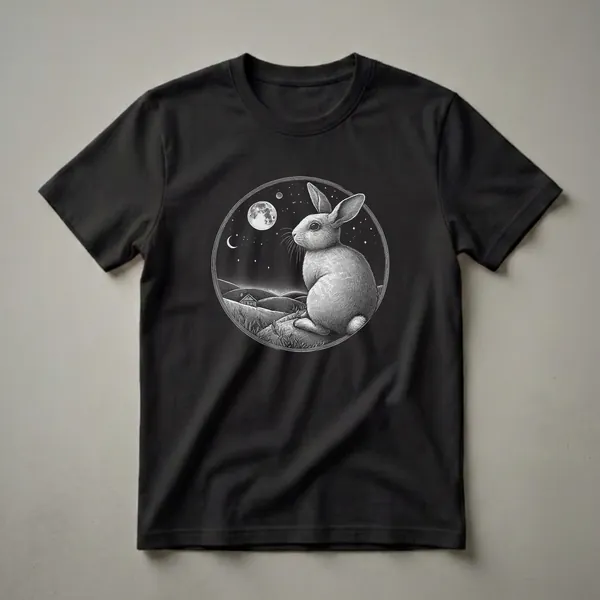 Black t-shirt with a circular graphic featuring a white rabbit sitting on a hill at night, looking at the moon and stars, with a small house in the background.