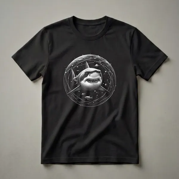 Black and white graphic t-shirt featuring a great white shark inside a cosmic bubble with planets and stars, surrounded by swirling lines.