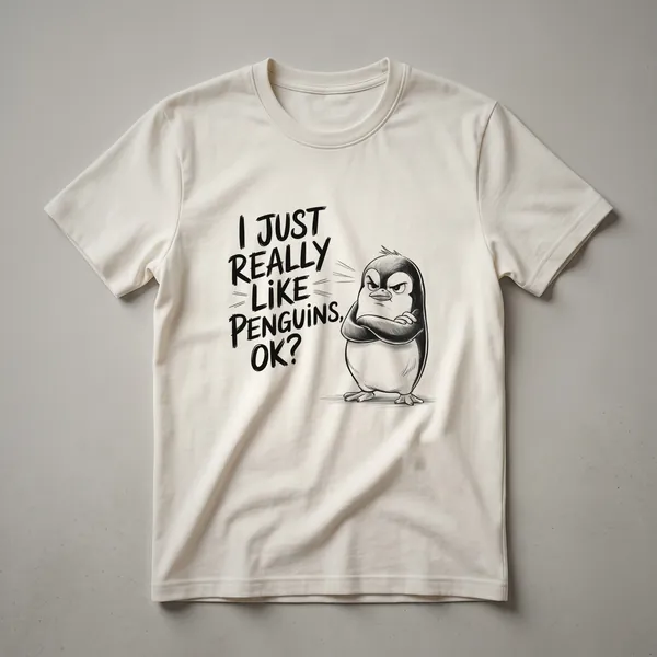 White graphic t-shirt featuring a distressed illustration of a penguin with the text 'I Just Really Like Penguins, Ok?' in a vintage font.