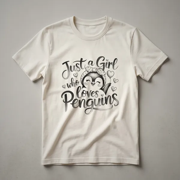 White graphic t-shirt featuring a stylized penguin illustration with the text 'Just A Girl Who Loves Penguins' in black lettering.