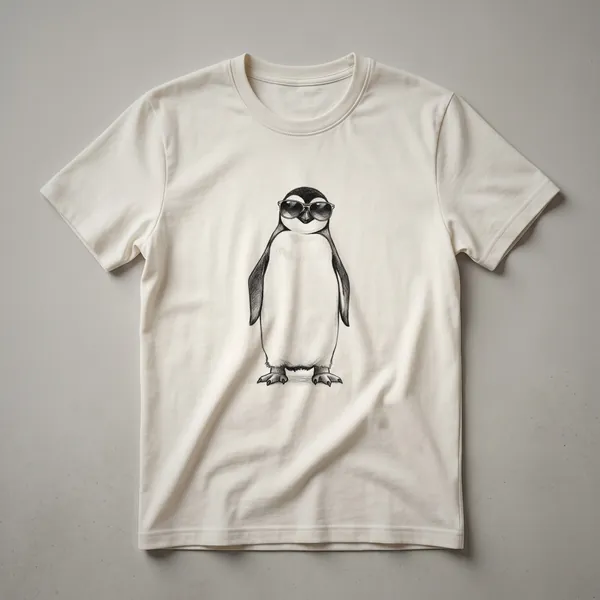 White graphic t-shirt featuring a cartoon penguin wearing black sunglasses and a colorful party hat.