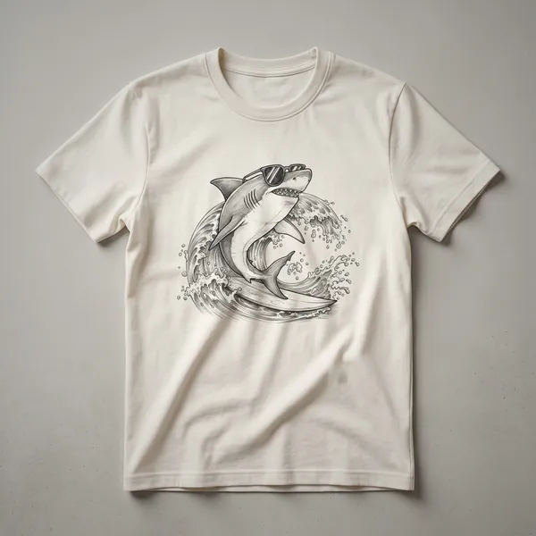 White graphic t-shirt featuring a cartoon shark wearing sunglasses and surfing a blue wave.