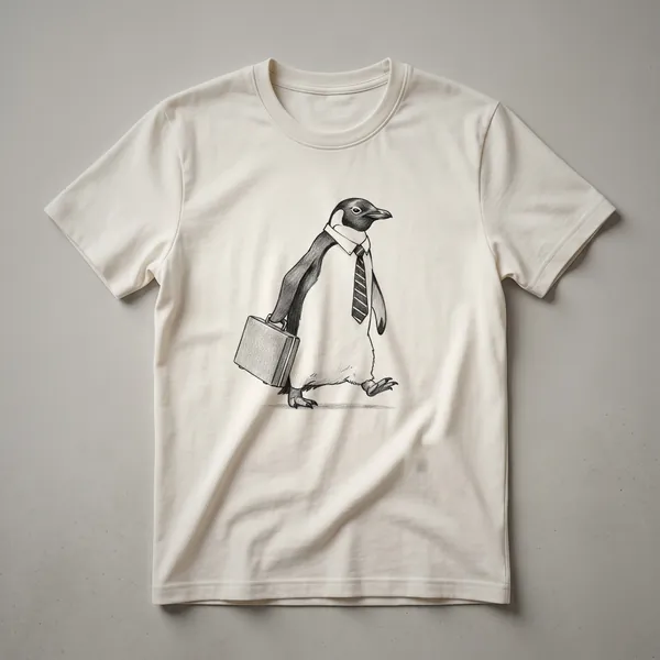 Black t-shirt with a cartoon penguin wearing a tie and sunglasses, with the word 'Dad' printed below.