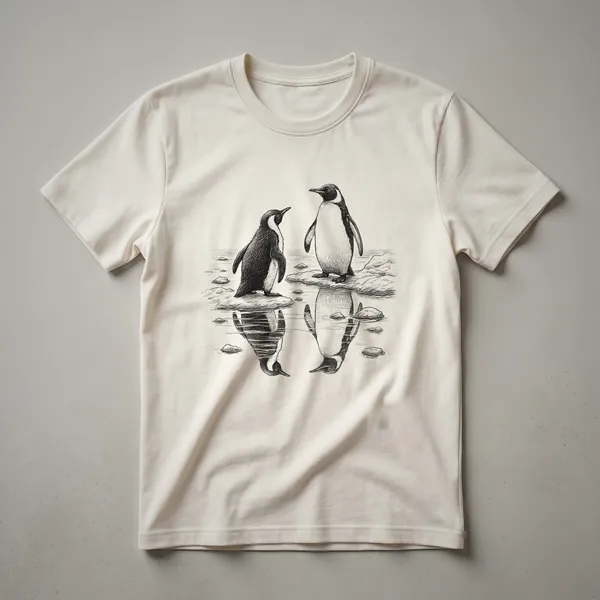 White graphic t-shirt featuring a stylized illustration of penguins in a snowy landscape with a subtle aurora borealis in the background.