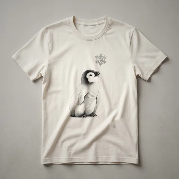 White t-shirt with a cartoon penguin wearing a Santa hat and surrounded by snowflakes, designed for kids.