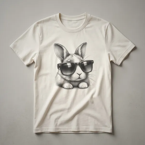 White graphic t-shirt featuring a cartoon rabbit wearing black sunglasses, with the text 'Cute Rabbit Sunglasses Design Bunny For Men And Boys' below.
