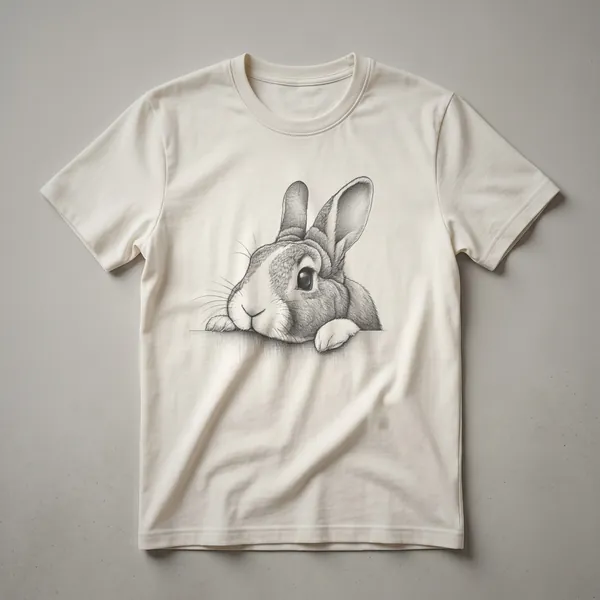 Black graphic t-shirt featuring a minimalist illustration of a rabbit's head peeking over a line.