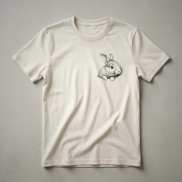 White graphic t-shirt featuring a stylized illustration of a brown rabbit peeking over a colorful floral border.