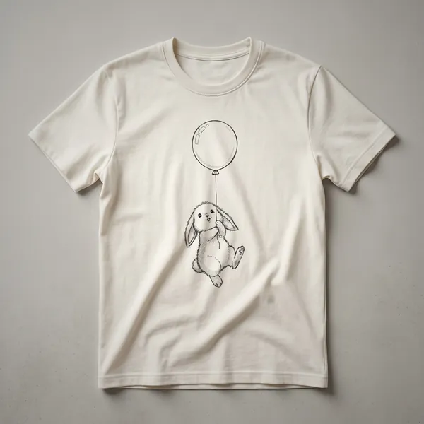 White t-shirt with a graphic of a cartoon rabbit holding a bouquet of colorful balloons, designed for children's birthdays.