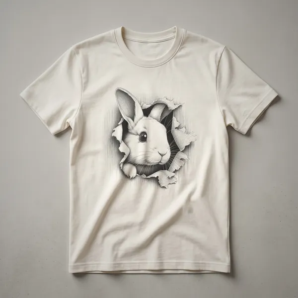 White graphic t-shirt with a cartoon rabbit peeking over a text box that reads 'I'm not shy, I'm just a little bunny'.