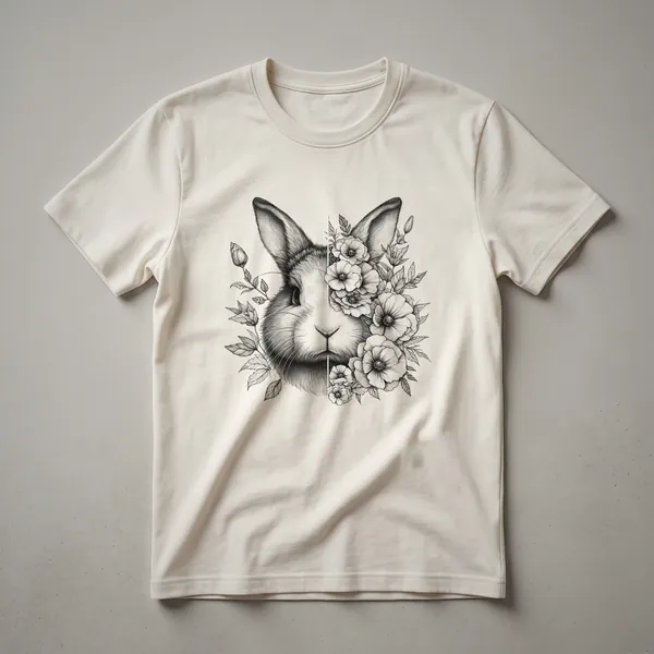 A white t-shirt featuring a black silhouette of a rabbit filled with colorful floral patterns and green leaves.