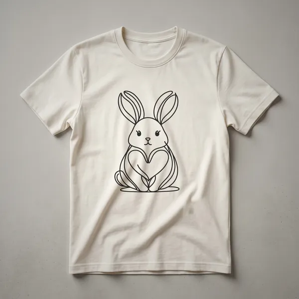 White t-shirt with a single continuous black line-art drawing of a seated rabbit with tall ears and front paws forming a heart shape.