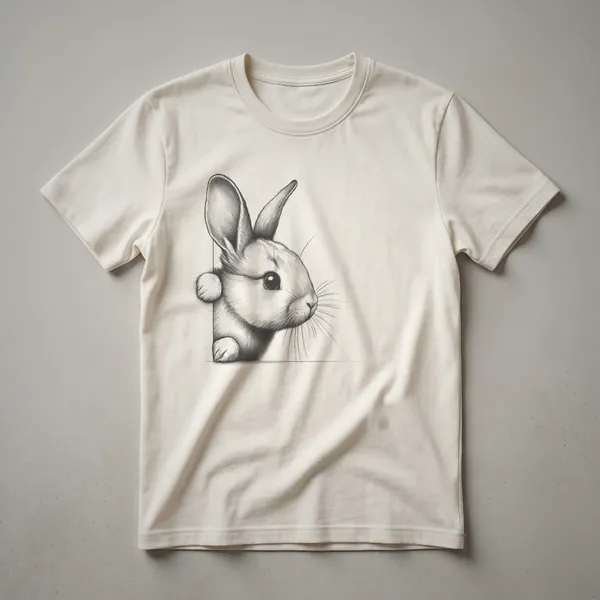 Black graphic t-shirt featuring a minimalist illustration of a rabbit's head peeking over a line.